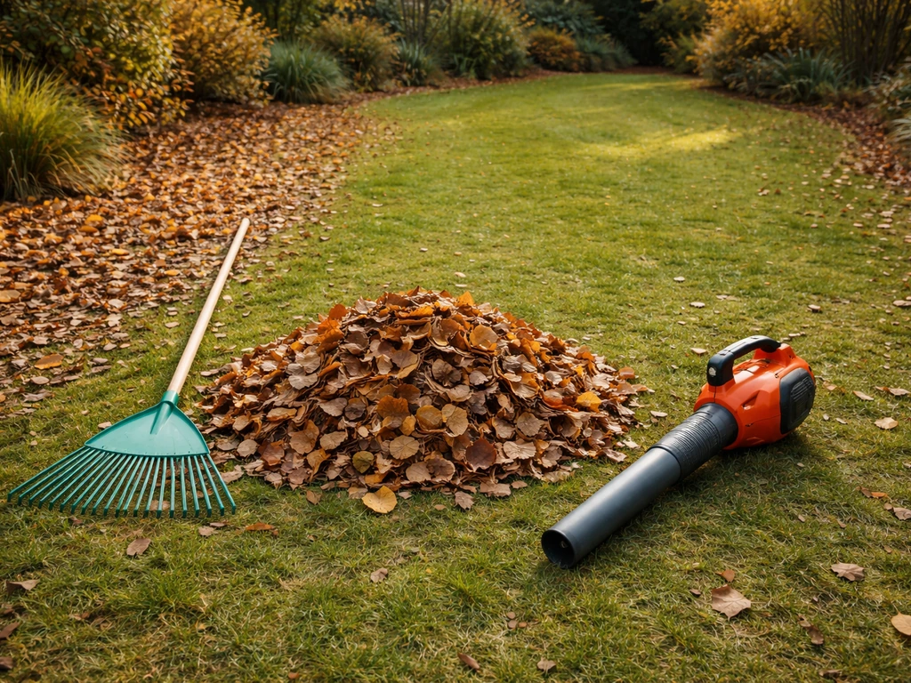 Feuilles mortes ramassées avec balai et aspirateur, pelouse dégagée à côté.