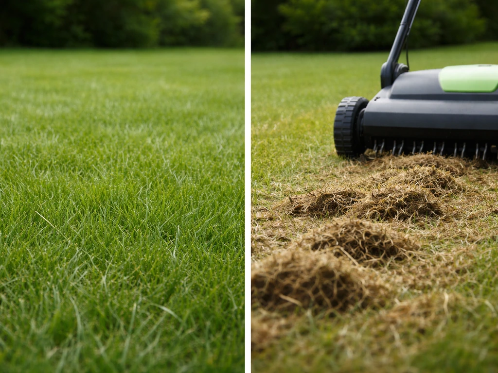 Scarificateur à main dans une pelouse, feutre et chaume soulevés à la surface