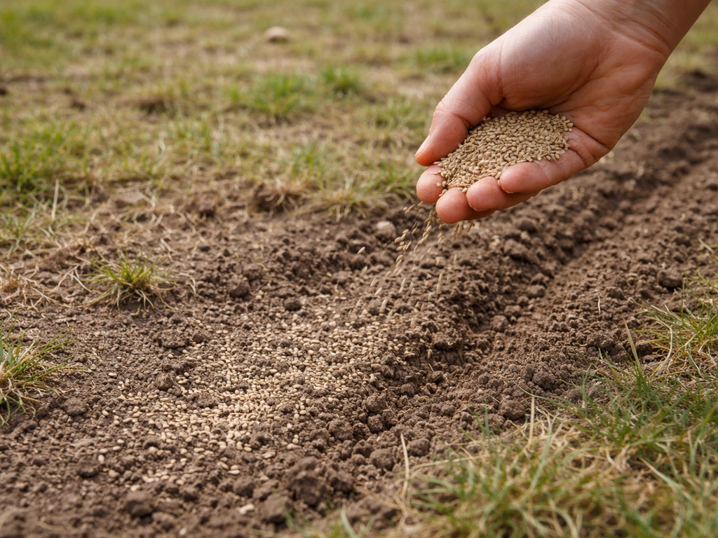 Main épandant des graines de gazon sur une pelouse clairsemée après ratissage léger