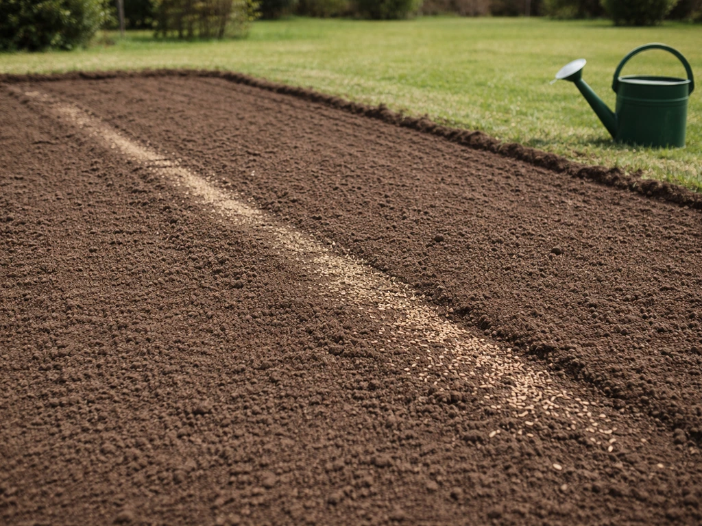Petit jardin avec terre finement ratissée et graines de gazon visibles, prêt pour un semis en 1 mois.