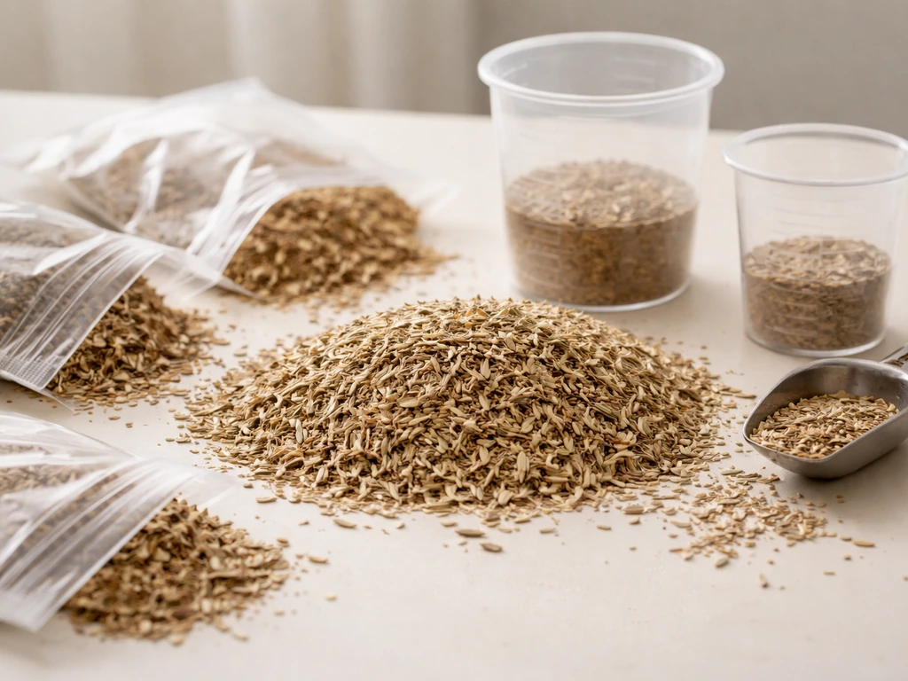 Mélange de semences de graminées (ray-grass, fétuques) avec échantillons au premier plan, préparé pour une dose.