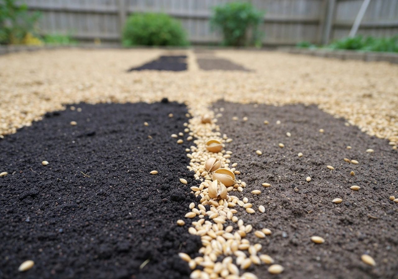 Gros plan d’une pelouse récemment semée : zones sans levée et quelques brins épars qui sortent.