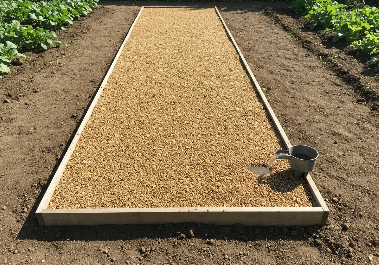 Jardin potager : zone ressemée recouverte de terre meuble, arrosage discret, sol humide sans détrempage.