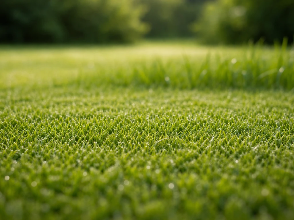 Pelouse avec brins d’herbe coupés très courts, montrant des feuilles affaiblies après la tonte.