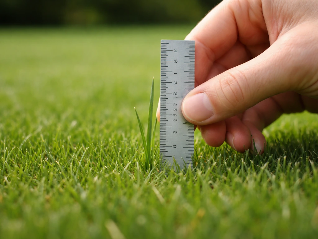 Main tenant un brin d’herbe avec une règle près du sol, gazon vert et repères de hauteur en arrière-plan flou.