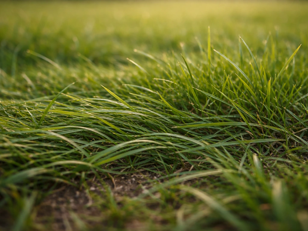 Gros plan d’une pelouse avec des brins d’herbe poussant à l’horizontale, aspect « gazon couché ».
