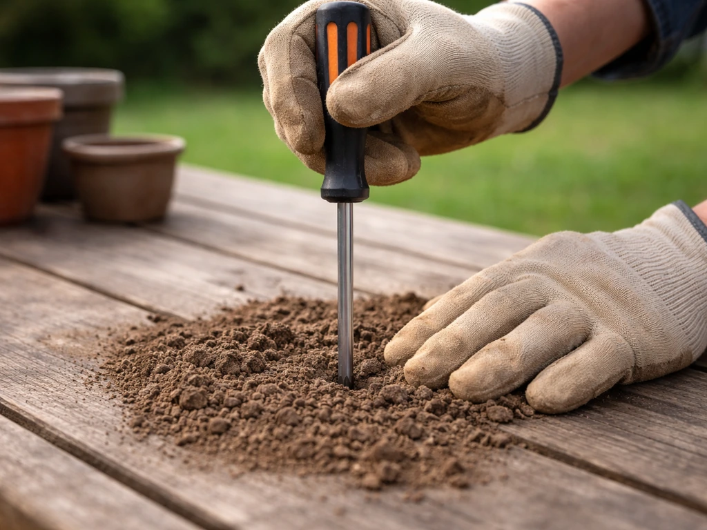 Mains tenant un tournevis enfoncé dans la terre pour tester la compacité du sol.