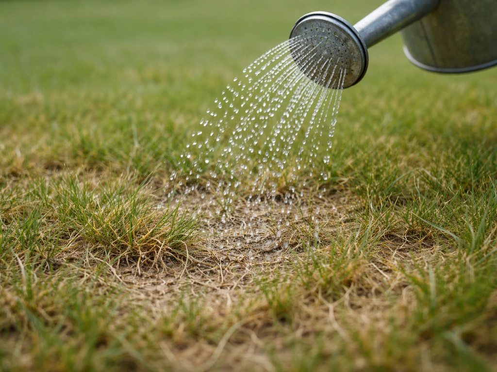Arrosoir arrosant une pelouse : sol encore en surface et brins de gazon affaissés par manque d’eau