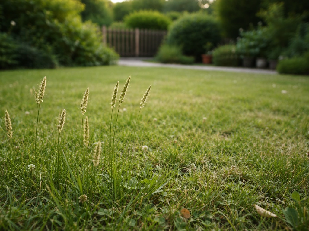 Pelouse française avec épis d’herbes visibles au premier plan et jardin domestique en arrière-plan.