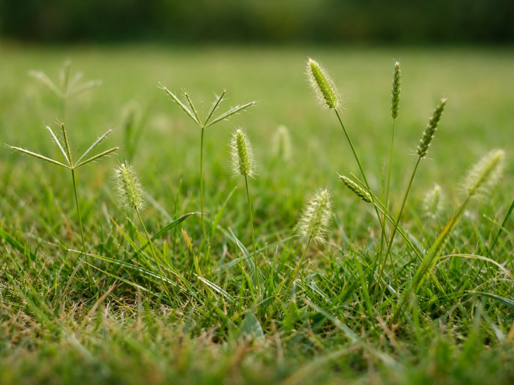 Pelouse avec herbes adventices à petites panicules et “griffes” au ras du sol, prises près du sol.