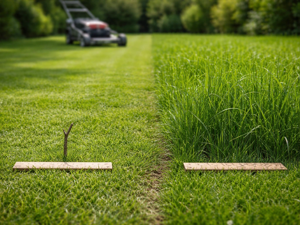 Pelouse montrant la règle du tiers : zone tondue plus courte à côté d’une zone plus haute, même endroit.