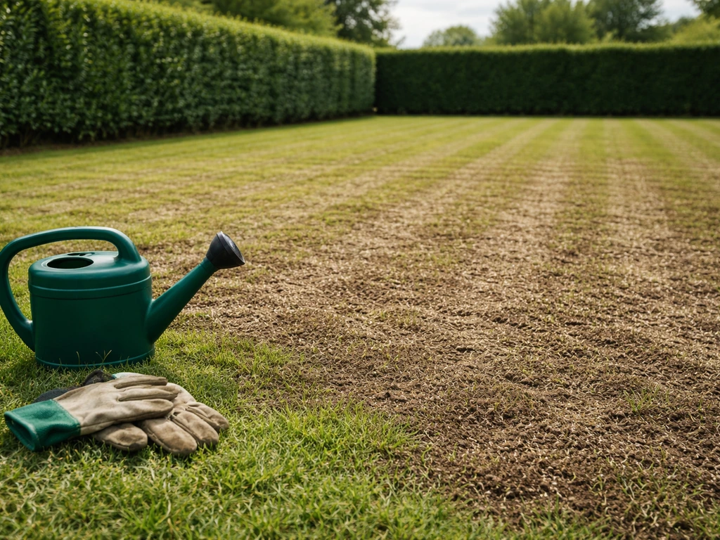 Pelouse fraîchement scarifiée, graines visibles au sol, arrosoir et gants sur fond de jardin
