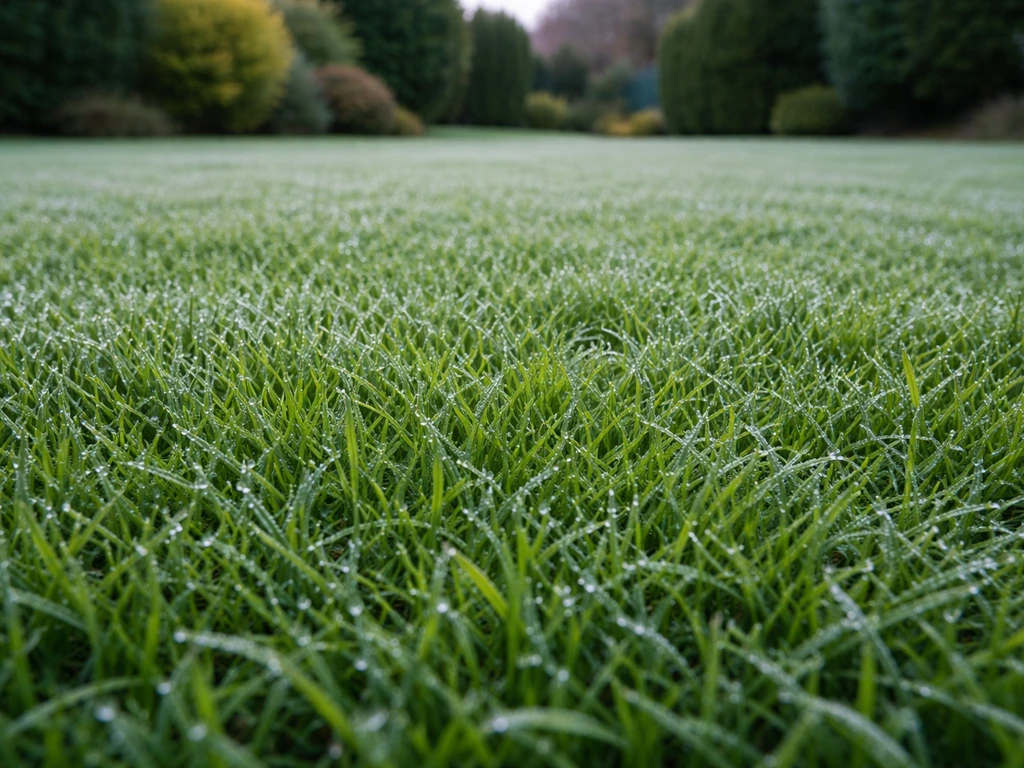 Pelouse de gazon japonais bien verte en hiver, rosée fraîche et légère gelée, aspect dense et homogène.