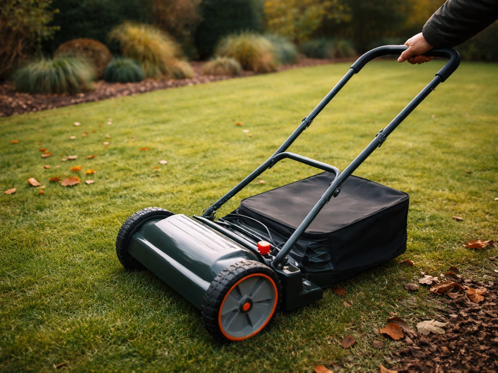 Dernière tonte d’automne : une pelouse japonaise fraîchement tondue avec une tondeuse près d’un bord de jardin