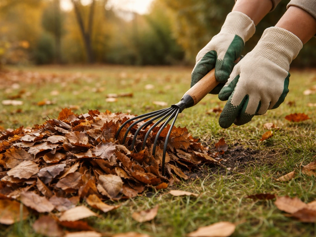 Mains gantées rassemblant des feuilles mortes avec un petit râteau sur une pelouse d’automne humide.
