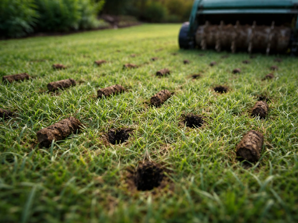 Passage d’un outil d’aération sur une pelouse zoysia, petits carottages pour améliorer le drainage avant les gelées