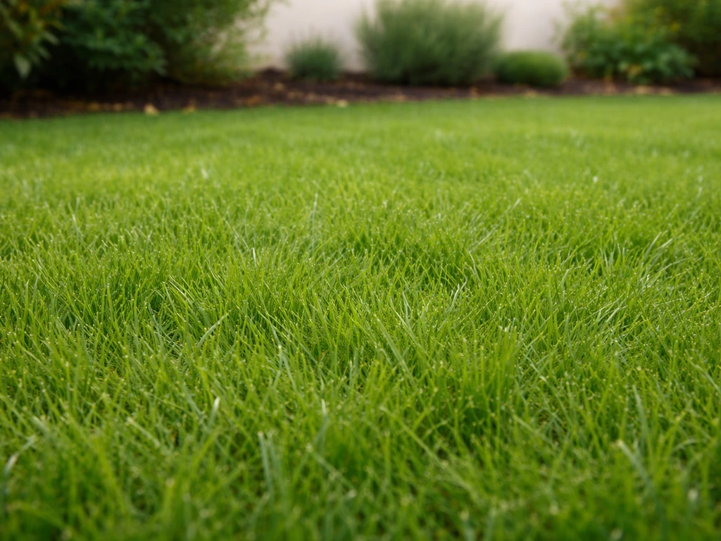 Pelouse à tonte rare légèrement plus haute, jardin résidentiel net mais non rasé, sol couvert, vue au niveau du gazon.