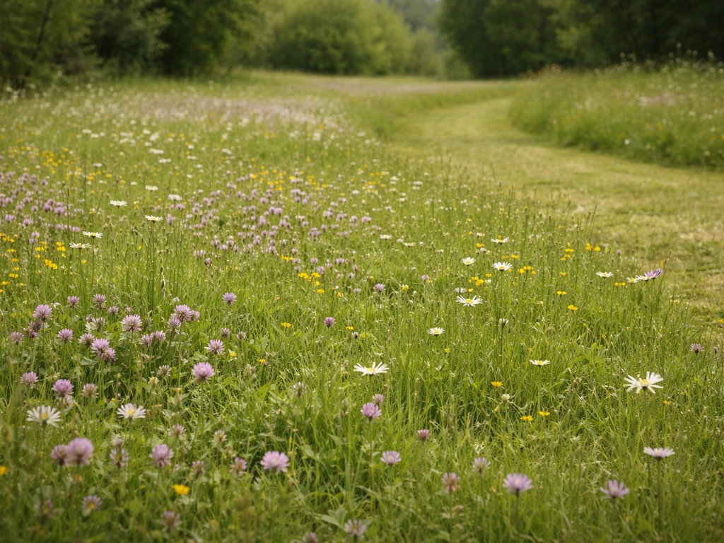 Prairie fleurie naturelle avec graminées et fleurs, tonte/fauche très espacée dans un jardin.