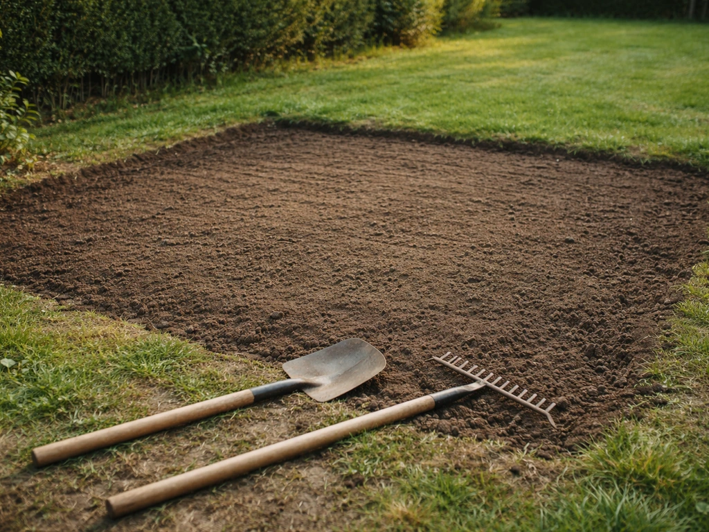 Potager nu récemment bêché, motte émiettée et surface nivelée avant semis de gazon