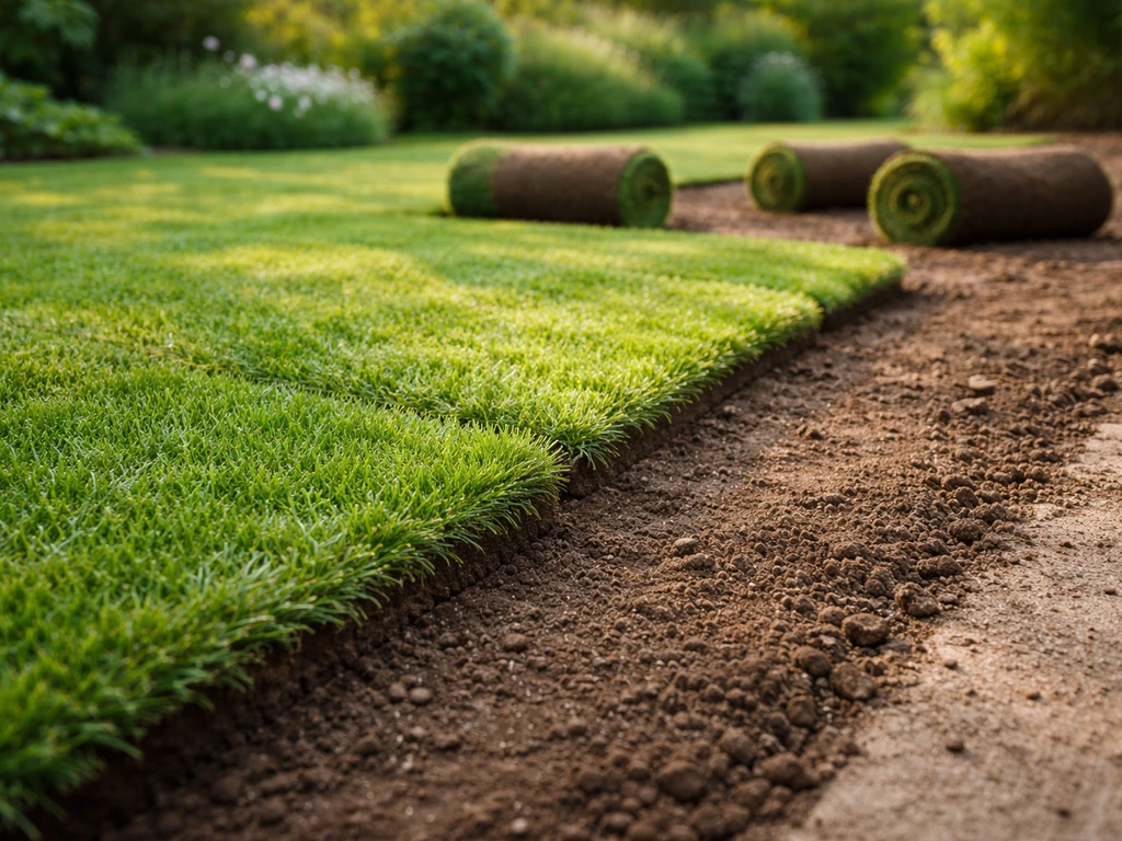 Bordure de jardin avec gazon en rouleau fraîchement posé, rouleaux au second plan et sol préparé