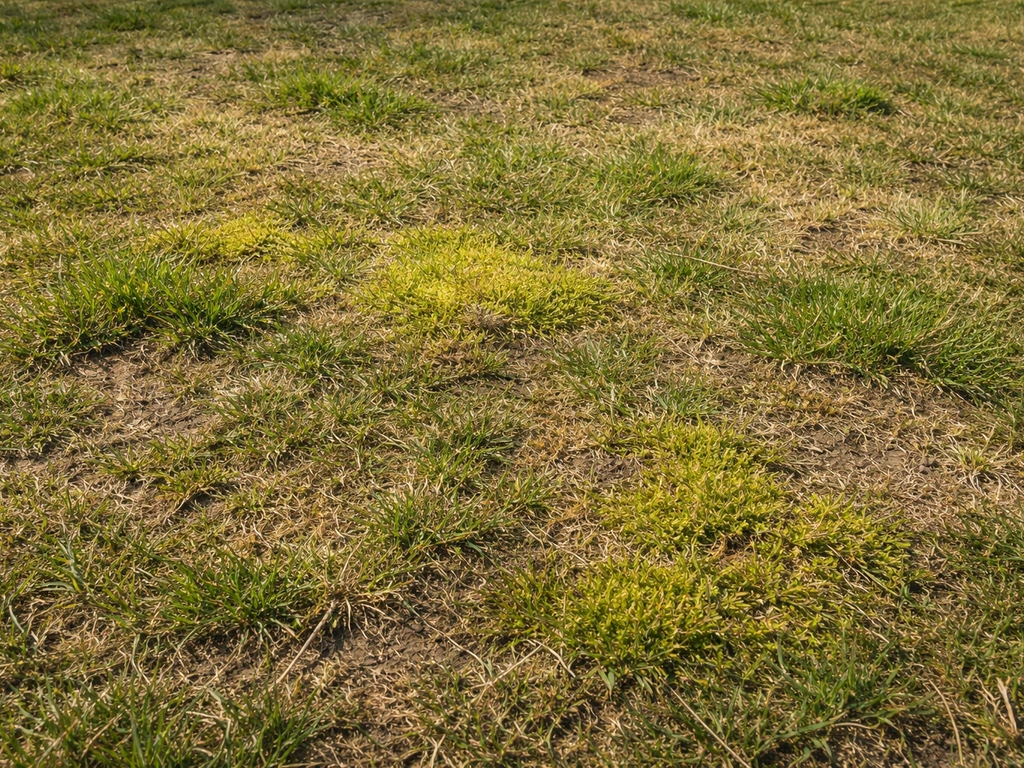 Gros plan d’une pelouse avec zones jaunies, herbe couchée et mousse, aspect “gazon pas beau”.