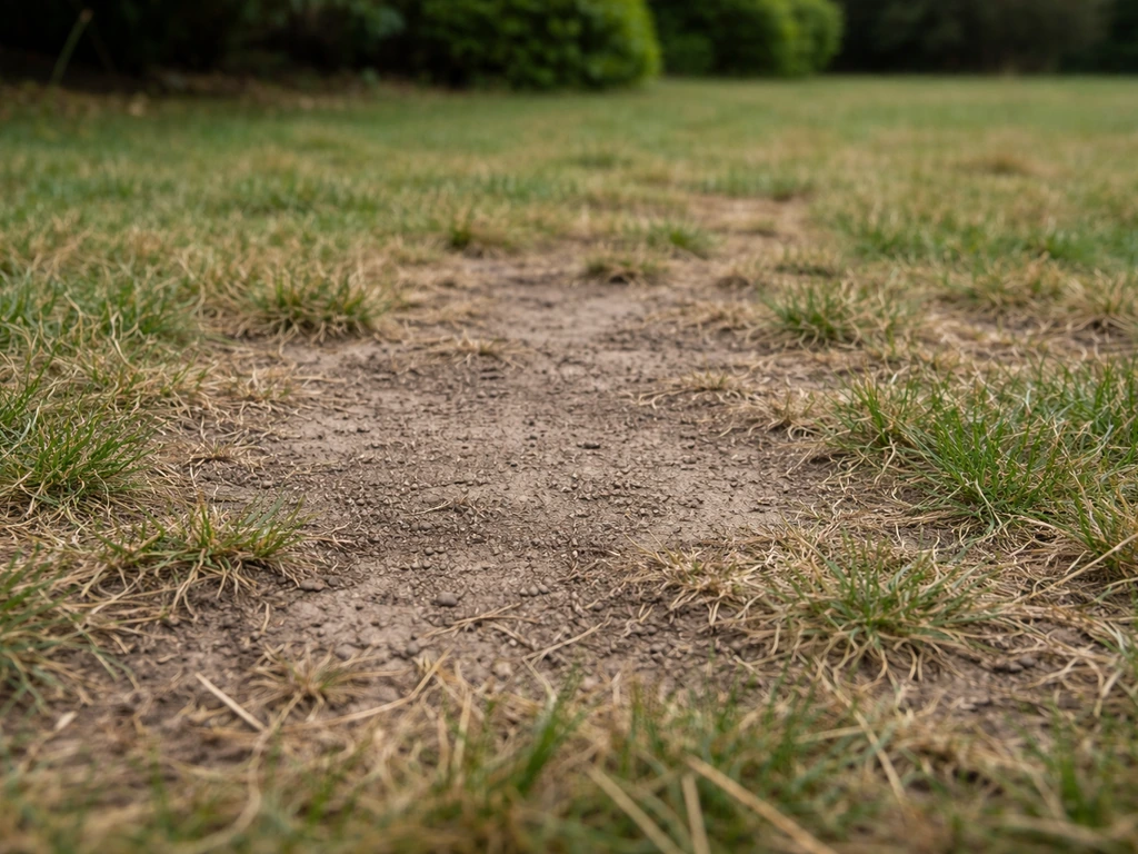 Gazon clairsemé avec sol visible et traces d’usure, herbe jaunie par endroits