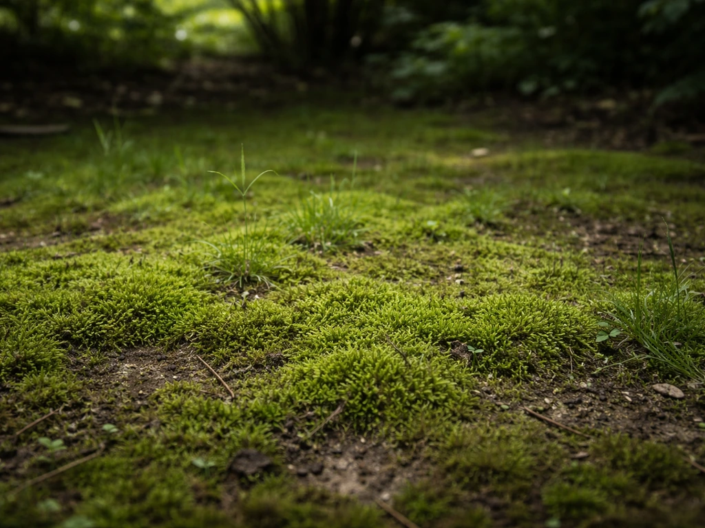 Mousse verte au ras du sol et quelques mauvaises herbes dans une pelouse ombragée, sol humide.