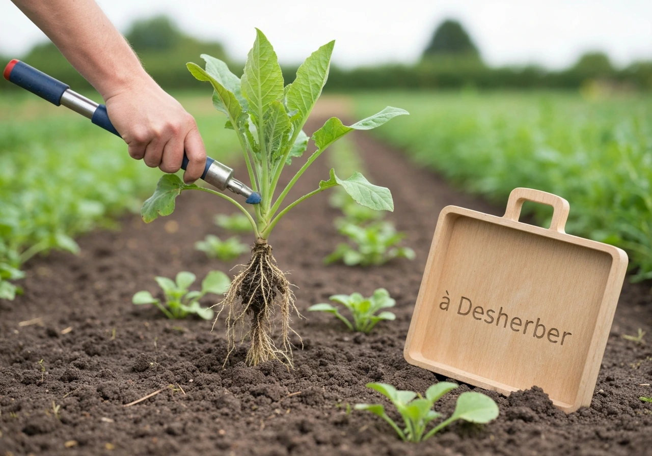 Main gantée tirant une mauvaise herbe à racines avec une fourche à désherber dans un potager.