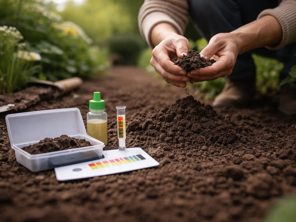 Kit de mesure du pH posé sur un sol prélevé, flacon de réactif et petit dispositif de test