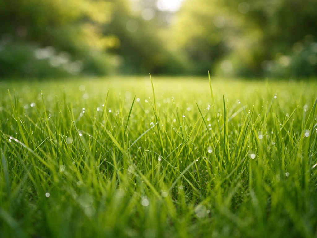 Jeune pelouse printanière dense et verdoyante, vue au sol avec brins d’herbe nets et gouttes d’eau.