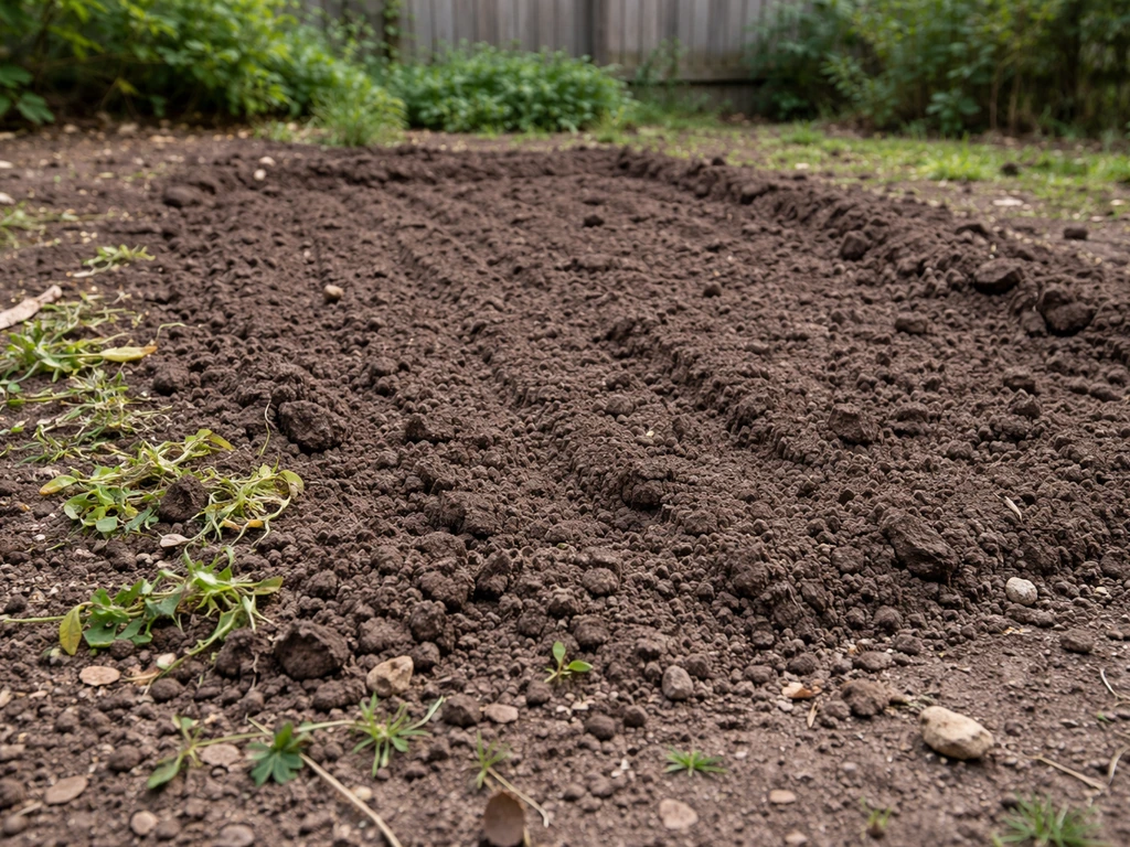 Sol de potager désherbé et griffé, mottes cassées et surface nivelée, sans personnes, lumière naturelle.