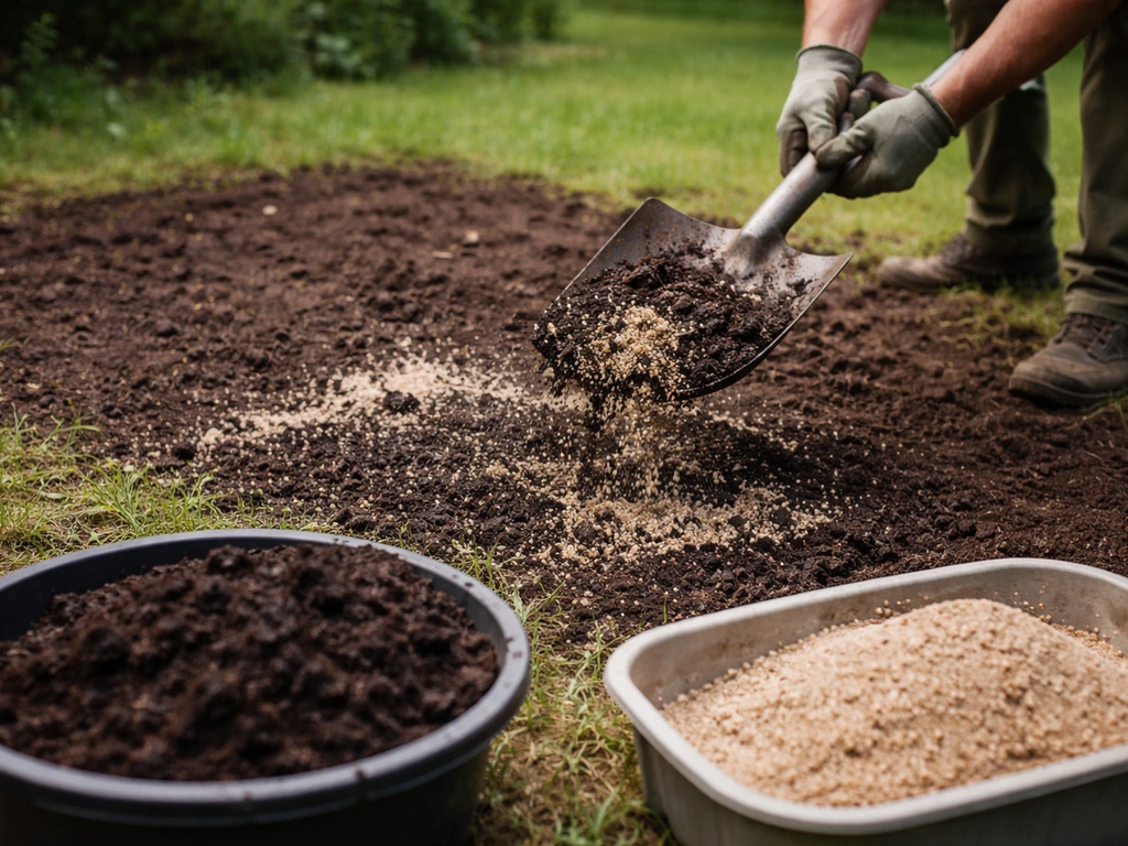 Jardinier anonyme étalant compost et sable sur une petite zone de pelouse, sol en cours d’amendement