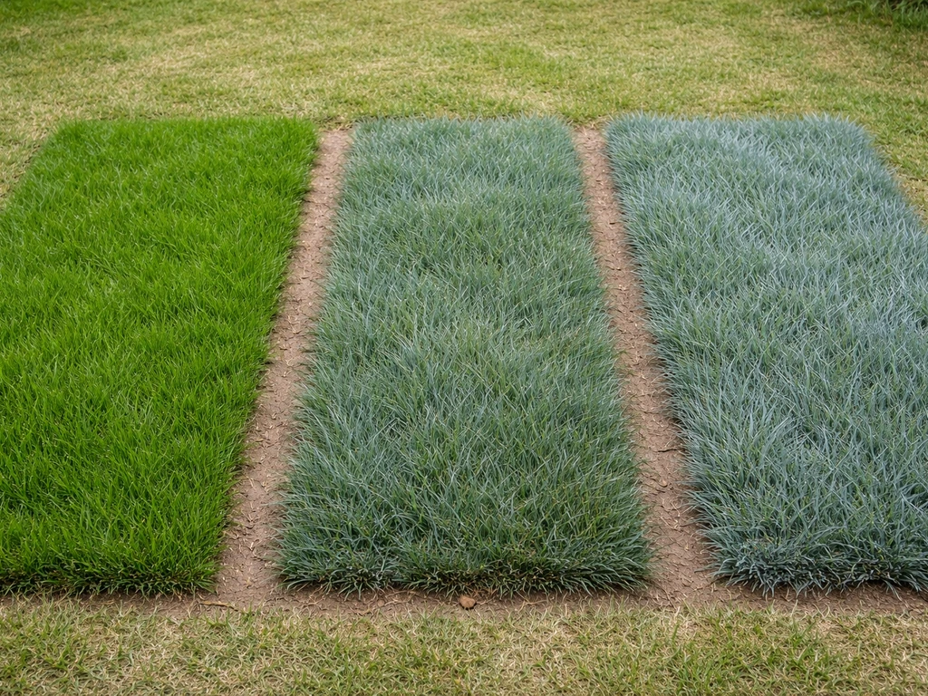 Comparaison de trois pelouses en gros plan, vert intense, gris-bleuté, et teinte décorative légèrement colorée