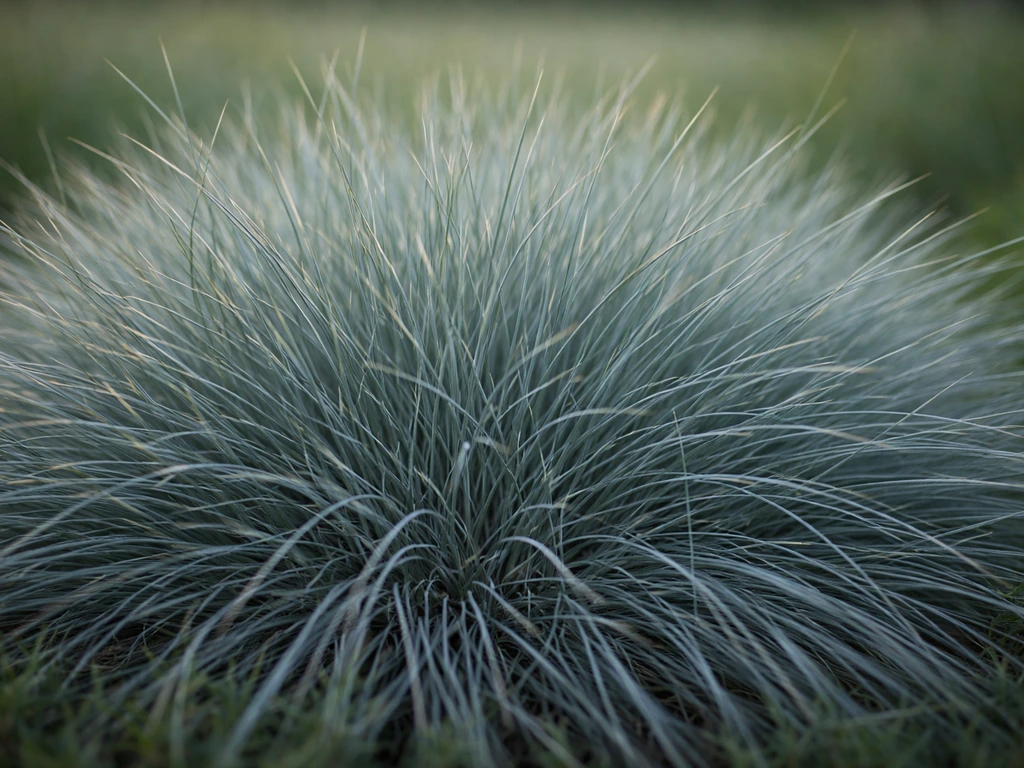 Feuilles fines de fétuque glauque gris-bleu métallisé, en gros plan sur un coussin de pelouse.