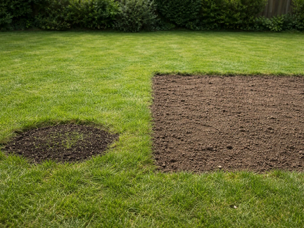 Pelouse à droite en préparation pour création complète, à gauche petit trou comblé avec semis localisés