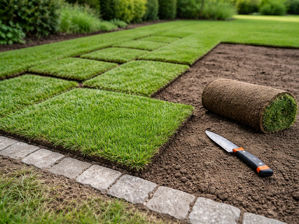Pose d’un gazon en rouleau : plaques en quinconce, outil de découpe et rouleau à côté, jardin résidentiel.