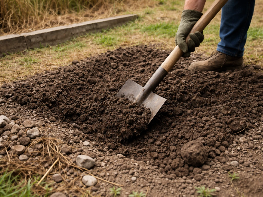 Préparation du sol : bêchage de la terre et nettoyage des cailloux avant le semis dans un jardin.