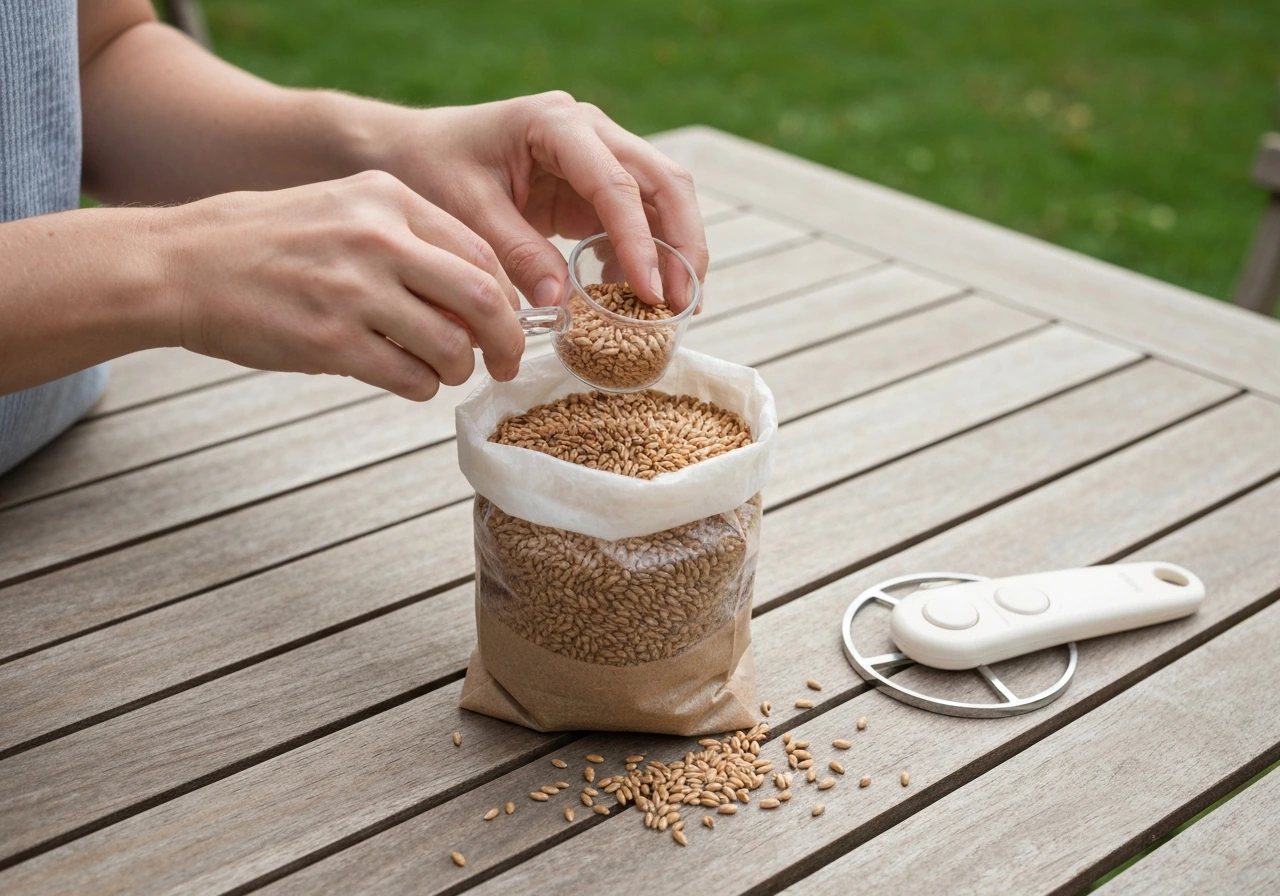 Mains tenant un gobelet gradué au-dessus d’un sac de graines, pour mesurer une dose de semis à ~20 g/m².
