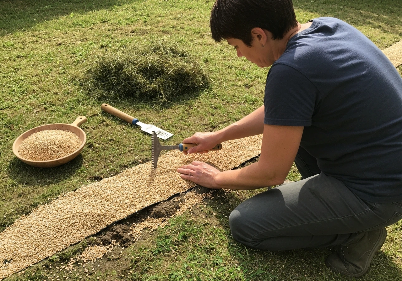 Jardinier arrose après tonte courte, scarification légère et semis localisé sur une zone clairsemée.