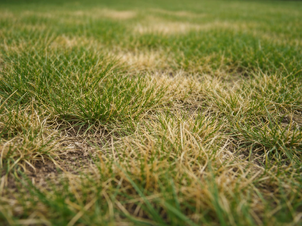 Gazon vu de près : brins jaunes hétérogènes et zones aux textures différentes, indices visuels de diagnostic.