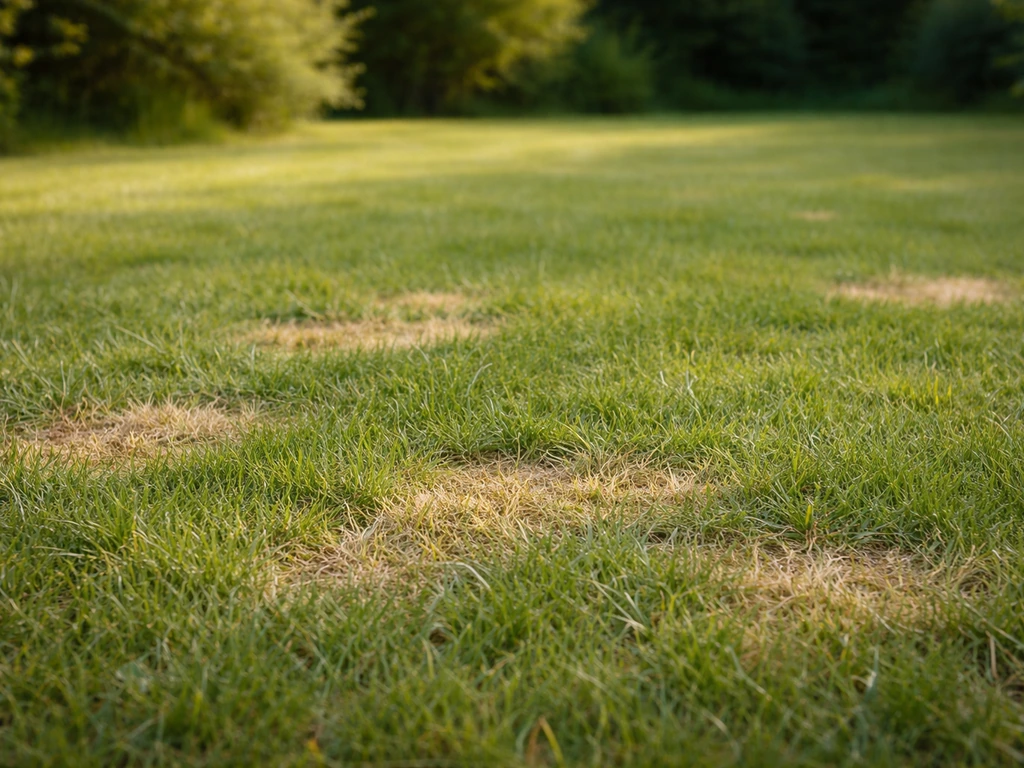 Pelouse avec petites zones jaunies et herbe plus courte, semblant indiquer des séquelles de gel.