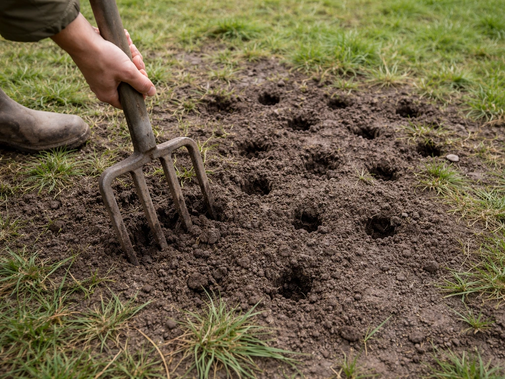 Main utilisant une fourche-bêche pour percer un sol argileux très piétiné, trous d’aération visibles.
