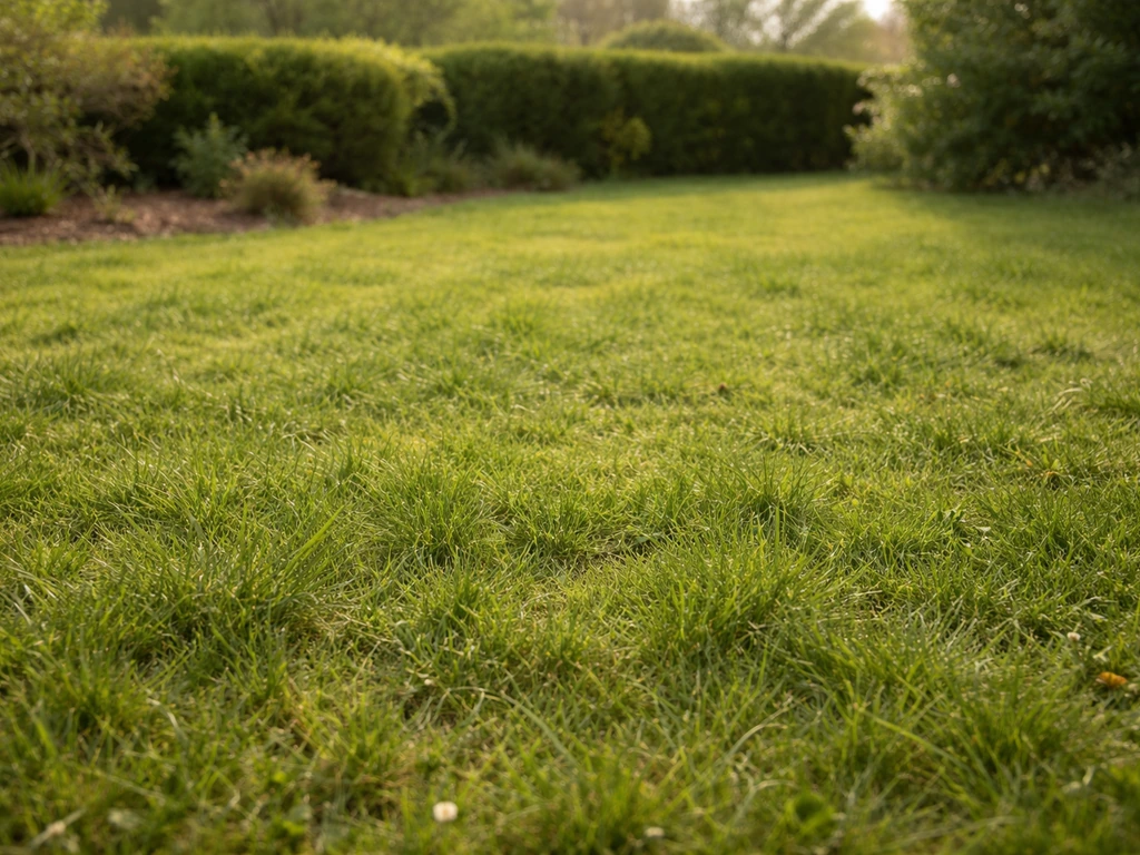 Pelouse de gazon campagne dense et rustique, texture de l’herbe au soleil, jardin de maison de campagne.