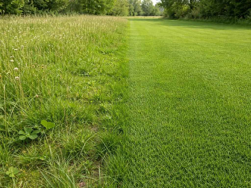 Comparaison côte à côte : prairie rustique à gauche et pelouse fine et dense à droite.