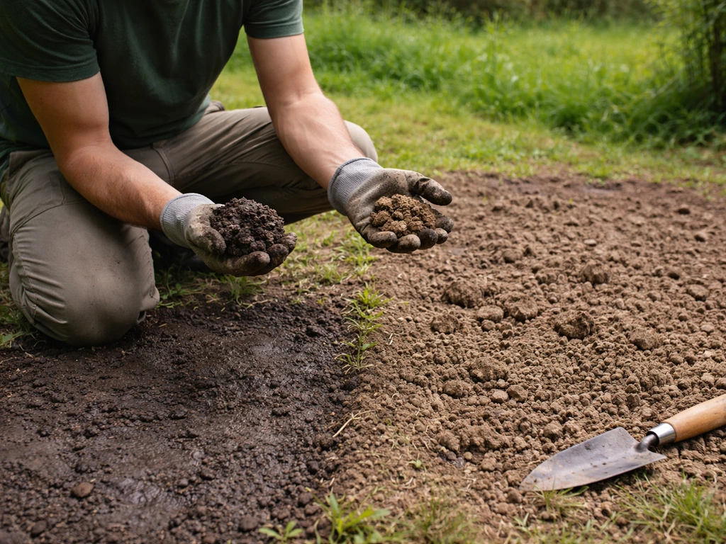Deux zones de sol contrastées : argileux compacté humide à gauche et sol plus drainant à droite, avec une amélioration v