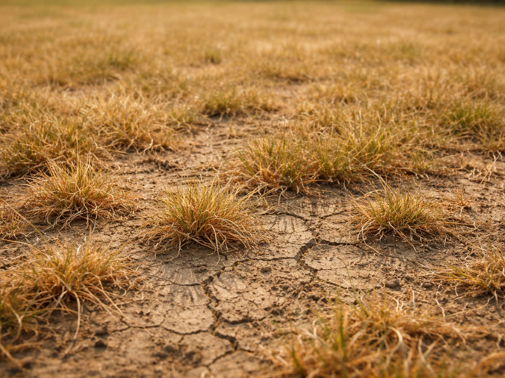 Brins d’herbe recroquevillés sur une pelouse sèche, sol craquelé, arrosage absent.