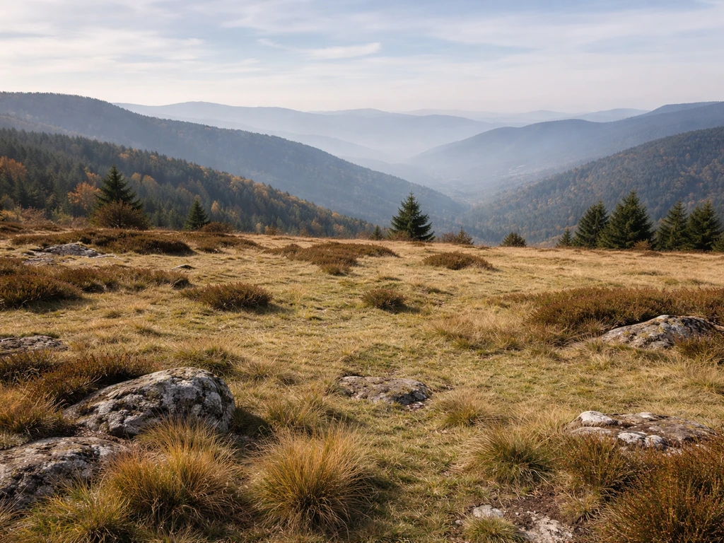 Pelouse d’altitude et lande rocheuse des Vosges, vue naturelle sans éléments artificiels.
