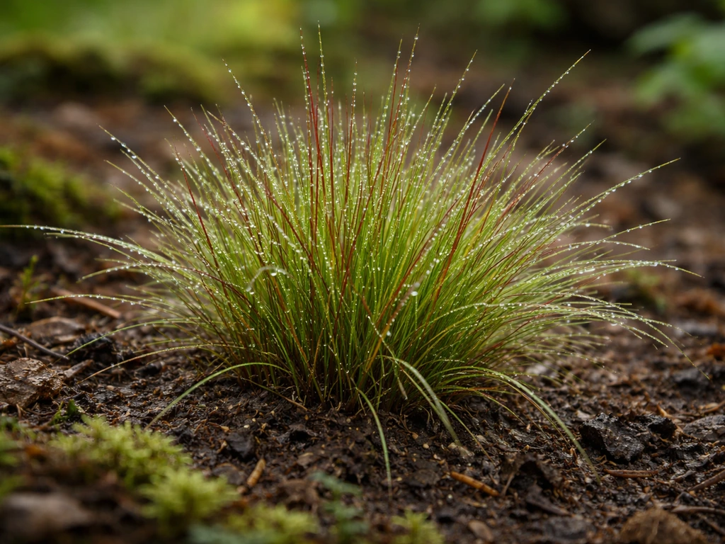 Gros plan sur des brins de fétuque rouge dans une pelouse, sol sombre et humide façon Vosges