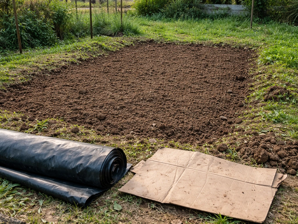 Carré de potager : terre mise à nu après désherbage, bâche et carton retirés, prêt à semer.