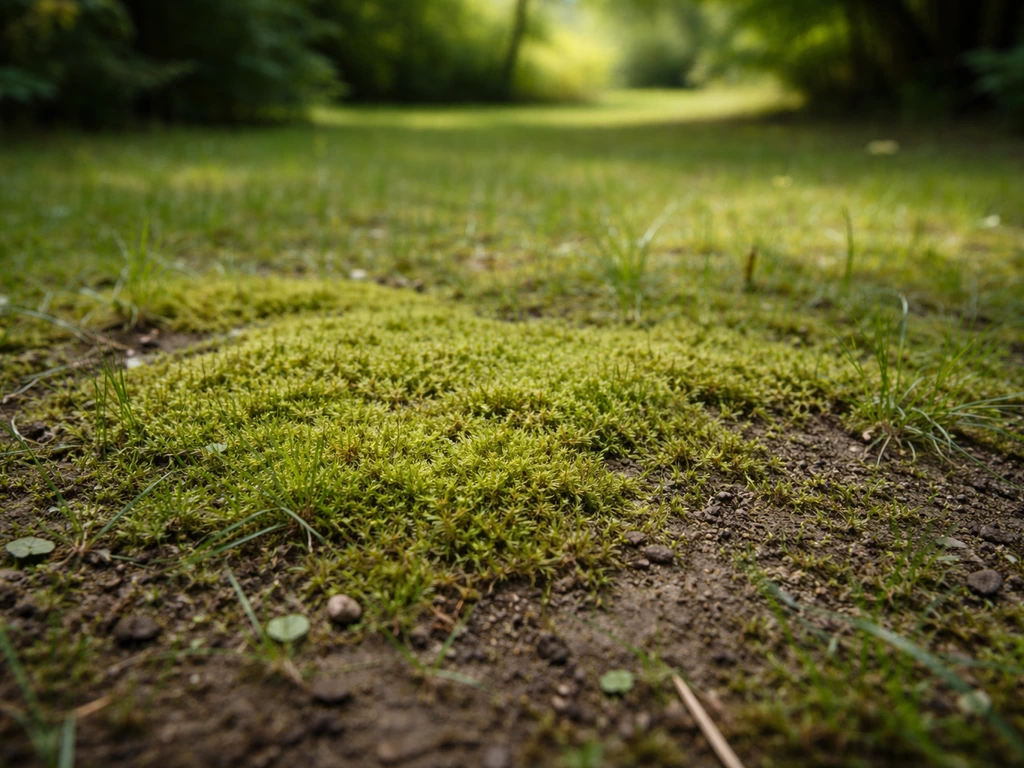 Pelouse des Vosges avec mousse verdâtre feutrée entre les brins d’herbe, sol humide visible.